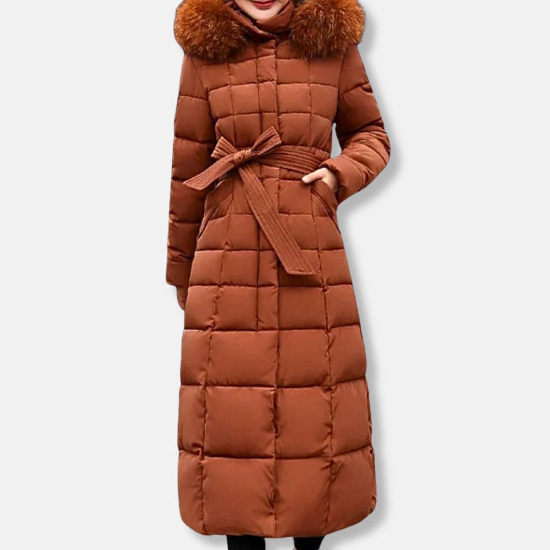 Manteau long femme – Matelassé isolant – Ceinture cintrée – Capuche en fausse fourrure