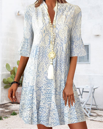 Robe Mini Femme – Coupe Décontractée – Manches Mi-longues – Col V – Imprimé Bohème – Tissu Respirant