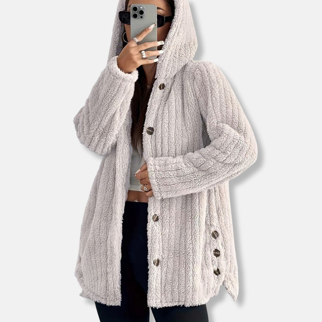 Manteau femme à capuche – Coupe ample – Boutonné – Tissu doux effet peluche