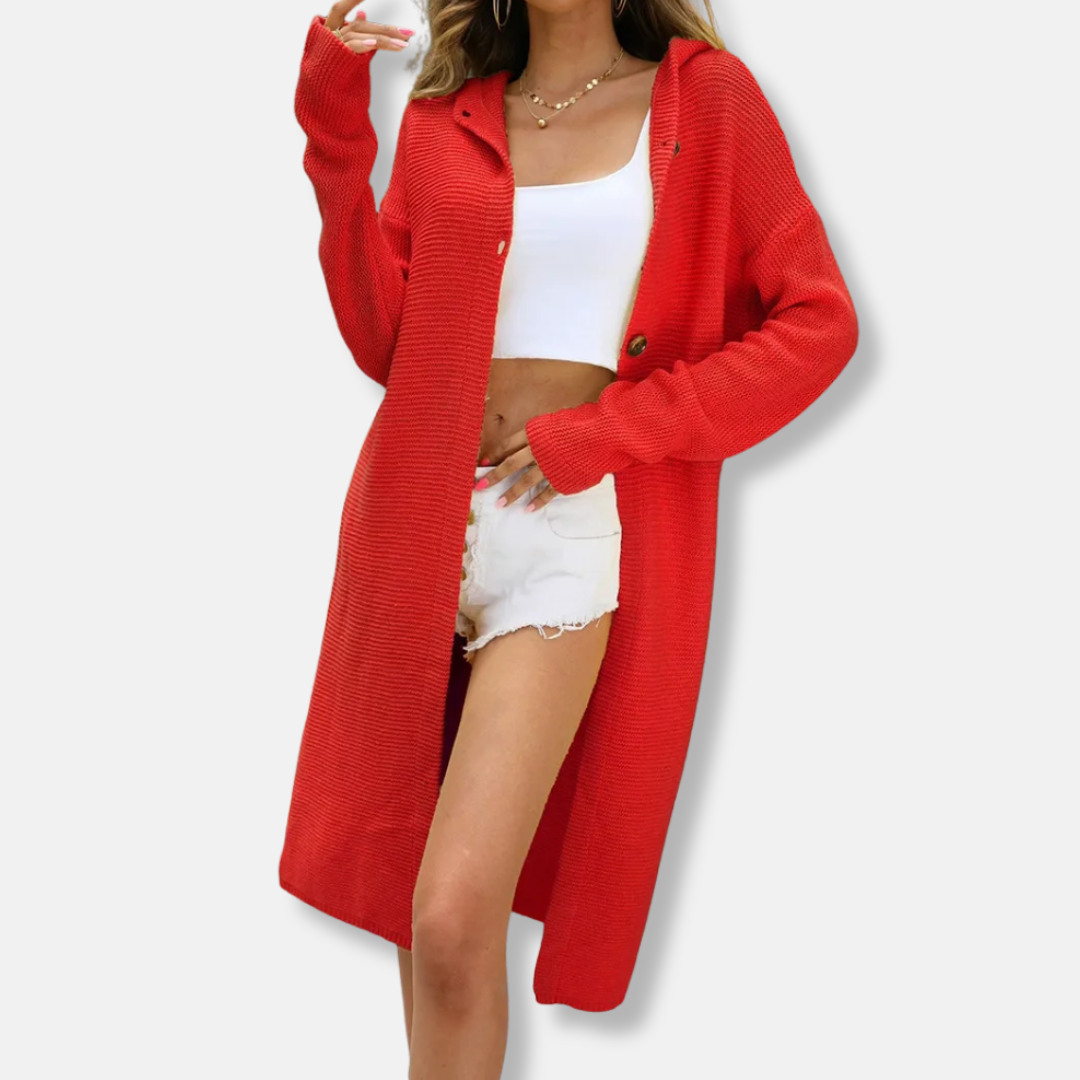 Femme Cardigan - Maille Côtelée - Capuche - Manches Longues - Longueur Mi-Cuisse