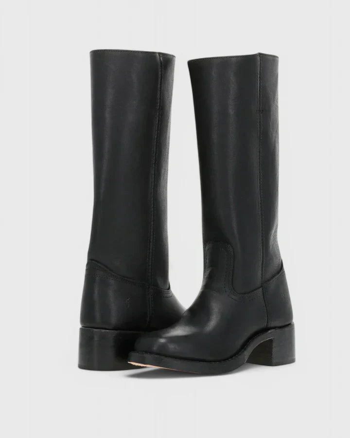 Femme Bottes - Cuir - Tige Haute - Talon Bloc Empilé - Bout Amande