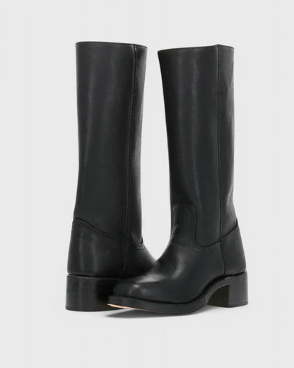 Femme Bottes - Cuir - Tige Haute - Talon Bloc Empilé - Bout Amande