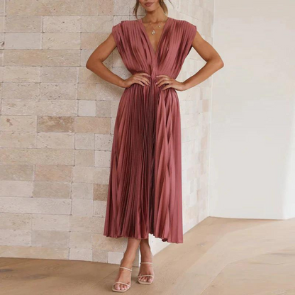 Robe midi femme – Coupe évasée – Tissu luxueux – Col en V – Plissée élégante