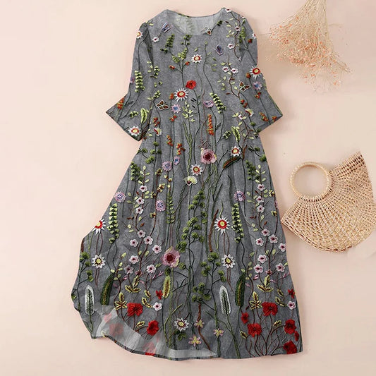 Robe femme – Coupe évasée – Broderie florale – Tissu léger respirant – Manches 3/4
