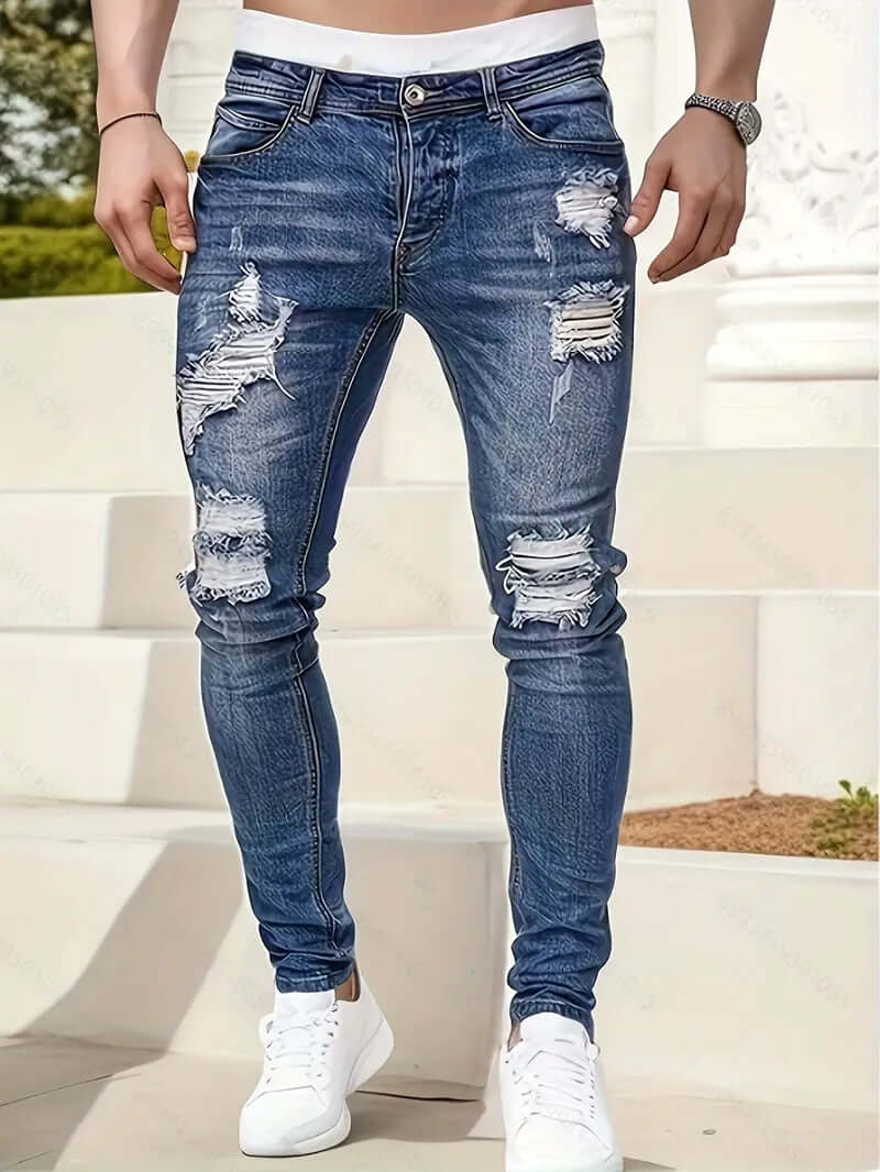 Jean skinny homme – Coupe fuselée – Détails déchirés – Style décontracté en denim