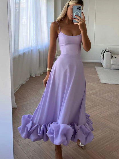 Robe Midi Femme - Bretelles Fines - Coupe Évasée - Ourlet Volanté - Élégante et Chic