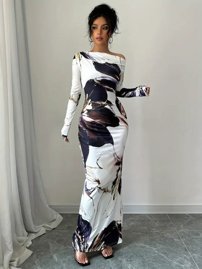 Robe Maxi Femme – Épaules Dénudées – Manches Longues – Coupe Ajustée – Imprimé Tendance