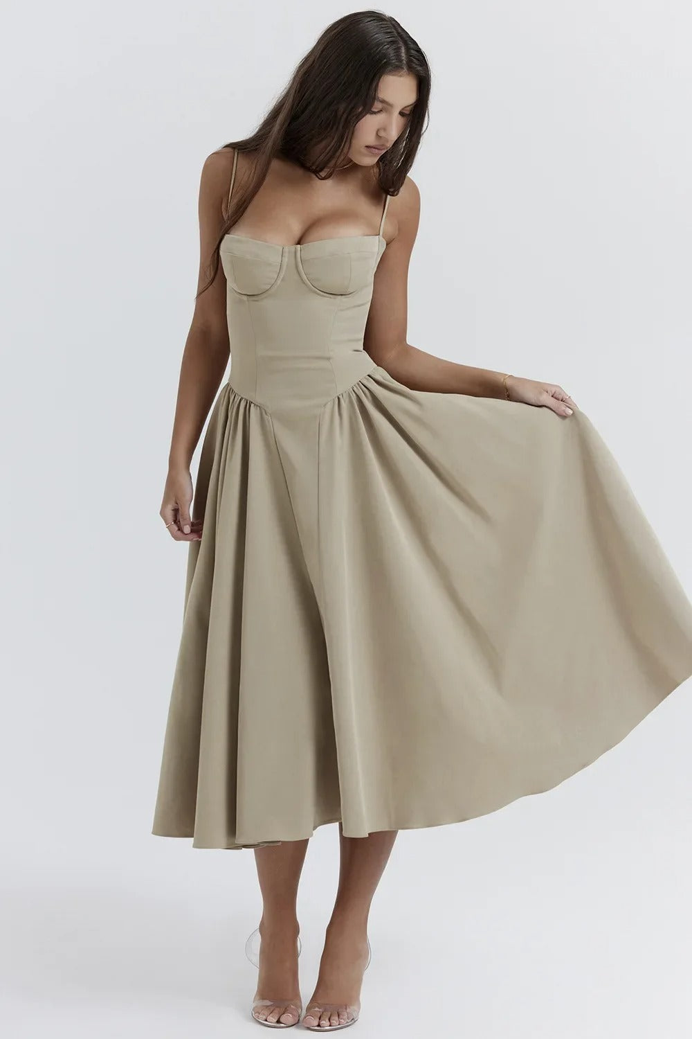 Robe midi femme – Coupe évasée – Corset structuré – Bretelles fines – Tissu léger