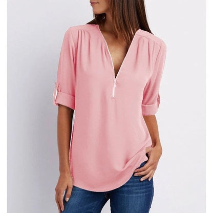 Blouse femme – Coupe ample – Tissu respirant – Demi-zip – Manches 3/4 retroussables