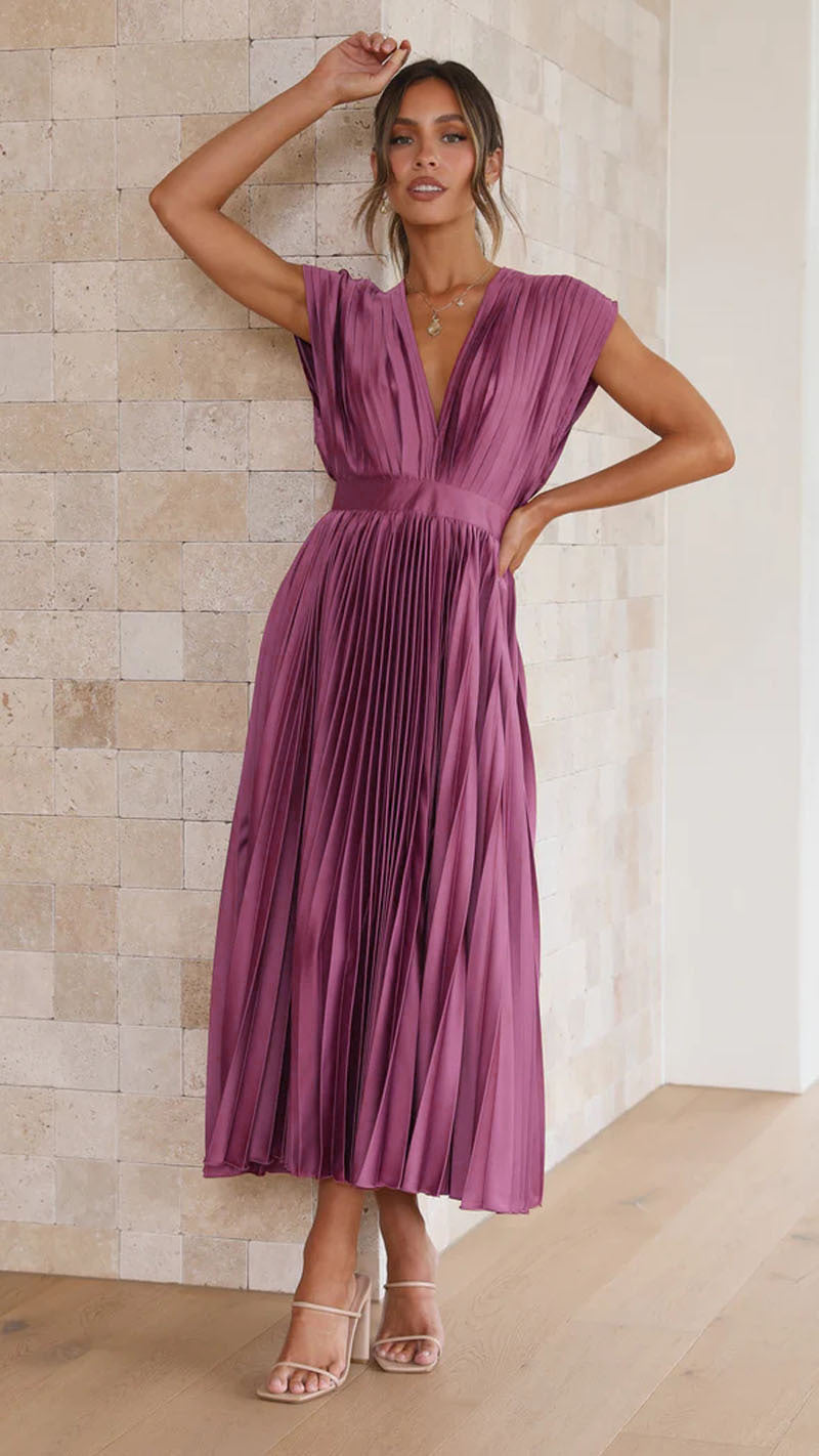 Robe Midi Femme - Sans Manches - Décolleté V - Plissée Élégante - Taille Cintrée