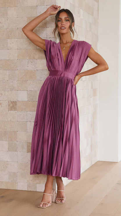 Robe Midi Femme - Sans Manches - Décolleté V - Plissée Élégante - Taille Cintrée