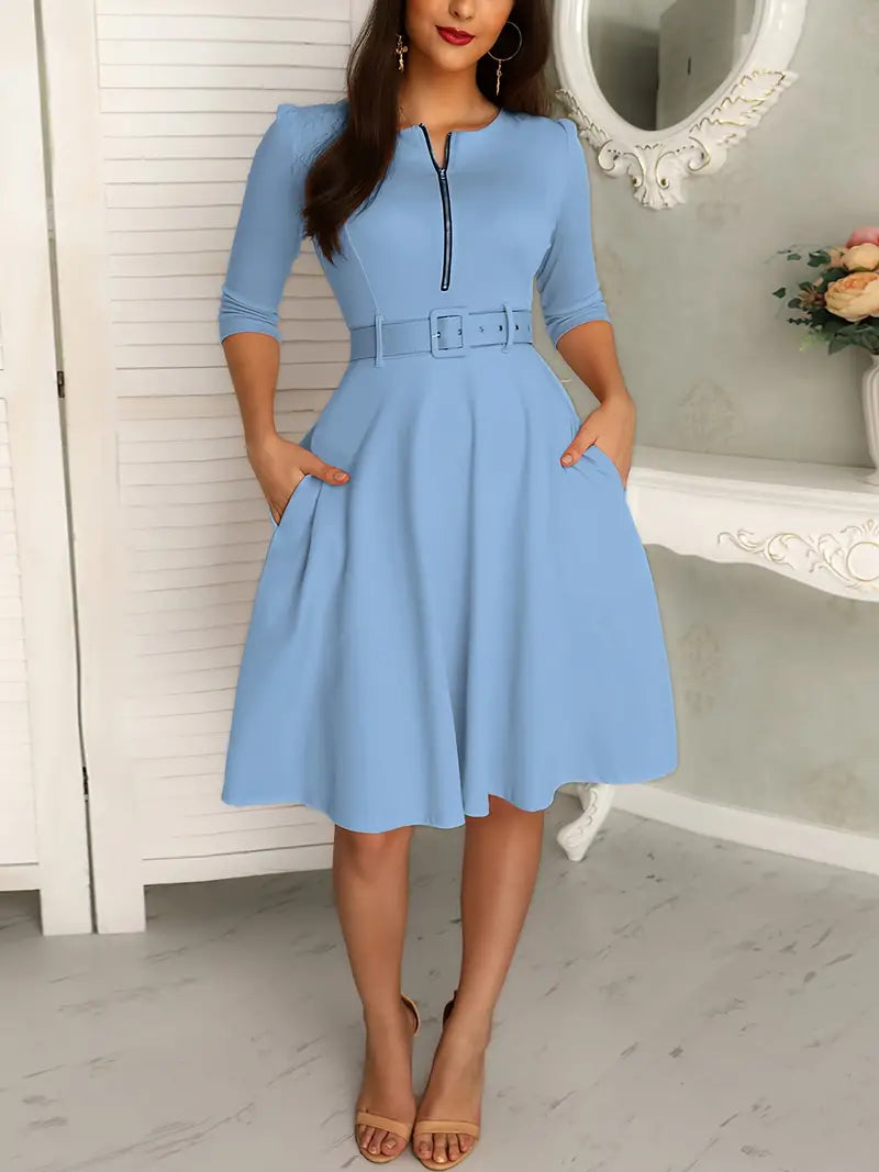 Robe Femme A-Ligne - Longueur Genou - Manches 3/4 - Col Rond avec Zip - Ceinture Ajustable