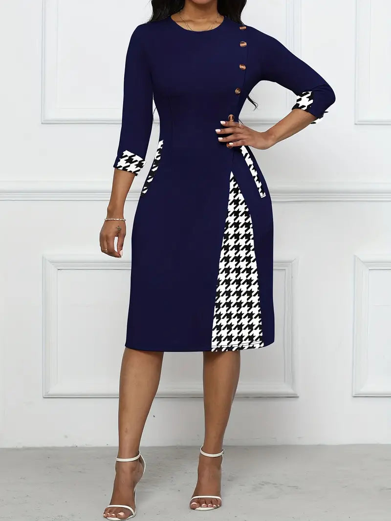 Robe Femme Élégante - Coupe Ajustée Évasée - Col Rond - Manches 3/4 - Détails Boutons