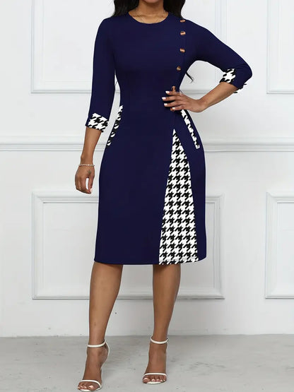 Robe Femme Élégante - Coupe Ajustée Évasée - Col Rond - Manches 3/4 - Détails Boutons