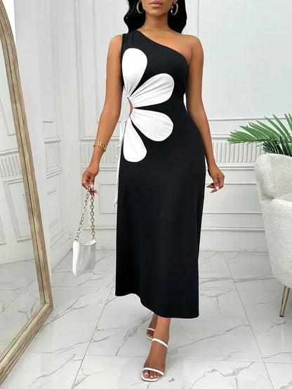 Robe Maxi Femme - Asymétrique Épaule Dénudée - Détail Fleur Découpé - Élégante et Fluide