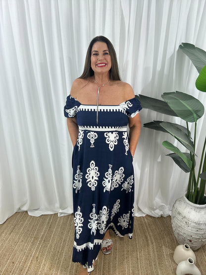 Robe Longue Femme - Épaules Dénudées - Manches Courtes Bouffantes - Fluide et Élégante