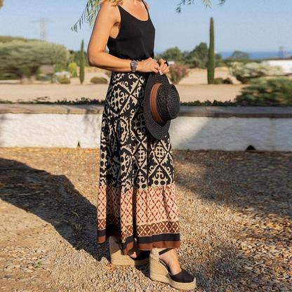 Jupe longue femme – Coupe évasée – Motif géométrique – Ourlet à volants – Fibres naturelles