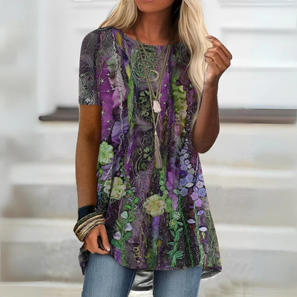 Blouse femme – Coupe décontractée – Manches courtes – Tissu respirant – Motifs artistiques