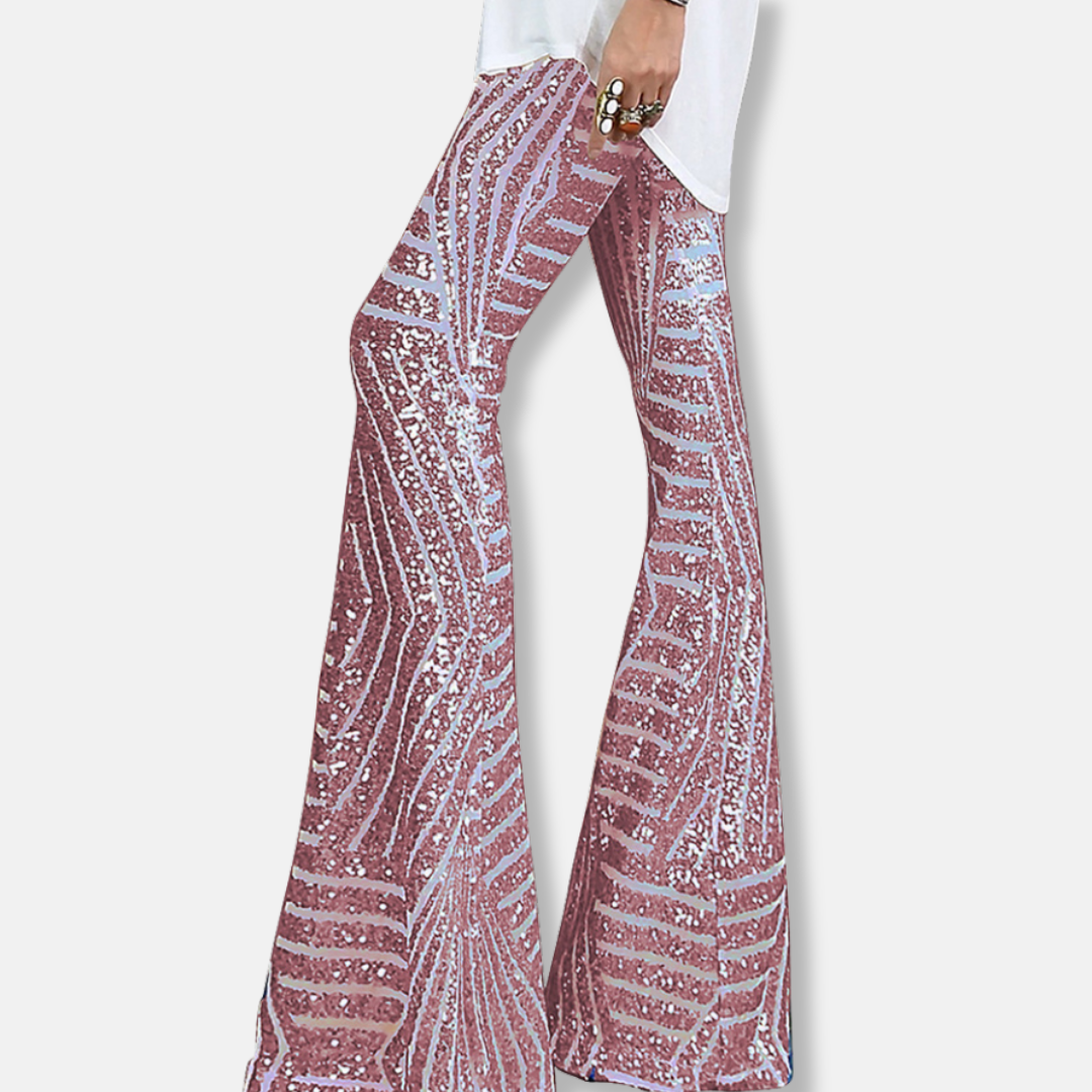 Pantalon femme – Taille haute – Jambe large – Sequins géométriques – Longueur totale