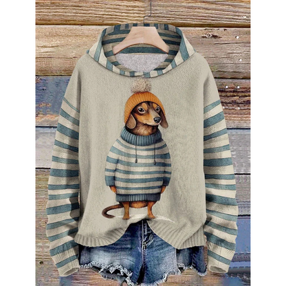 Sweat à capuche femme – Coupe décontractée – Toucher duveté – Motif chien cartoon – Manches rayées