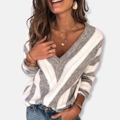 Anna Laine V-Neck Sweater | Sweater Décontracté Rayé Manches Longues