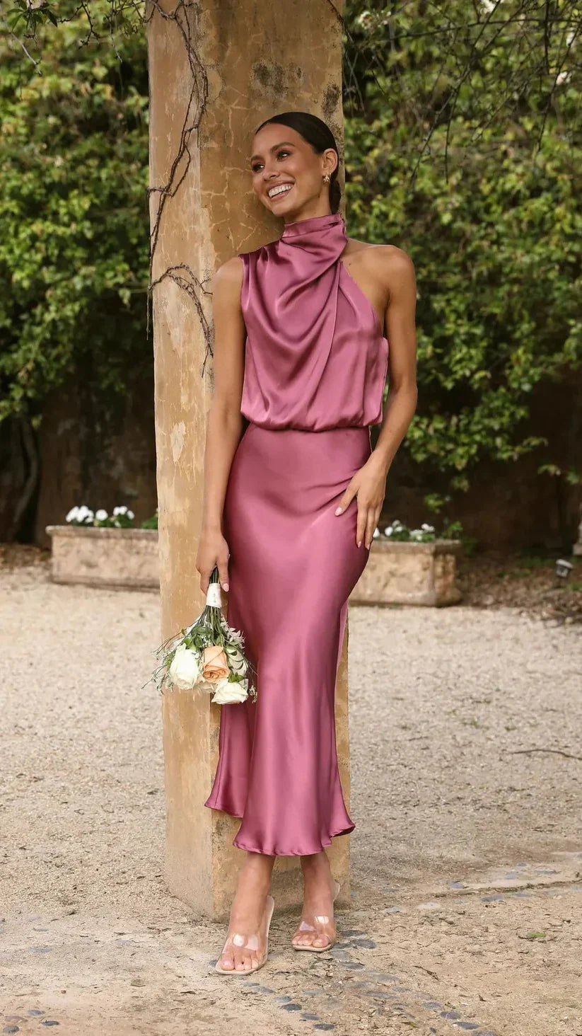 Robe de Soirée Femme – Satin Élégant – Asymétrique Sans Manches – Coupe Midi Ajustée