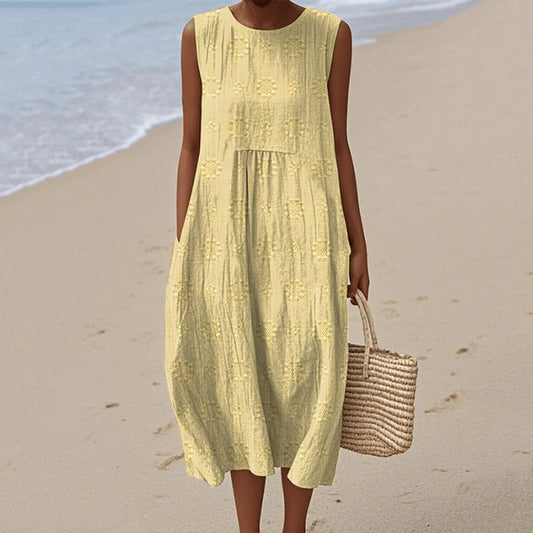Robe midi sans manches femme – Coupe ample – Fibres naturelles – Imprimé floral – Poches