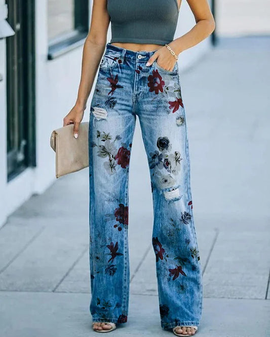 Jean femme – Taille haute – Coupe droite – Détails usés – Motif floral en relief