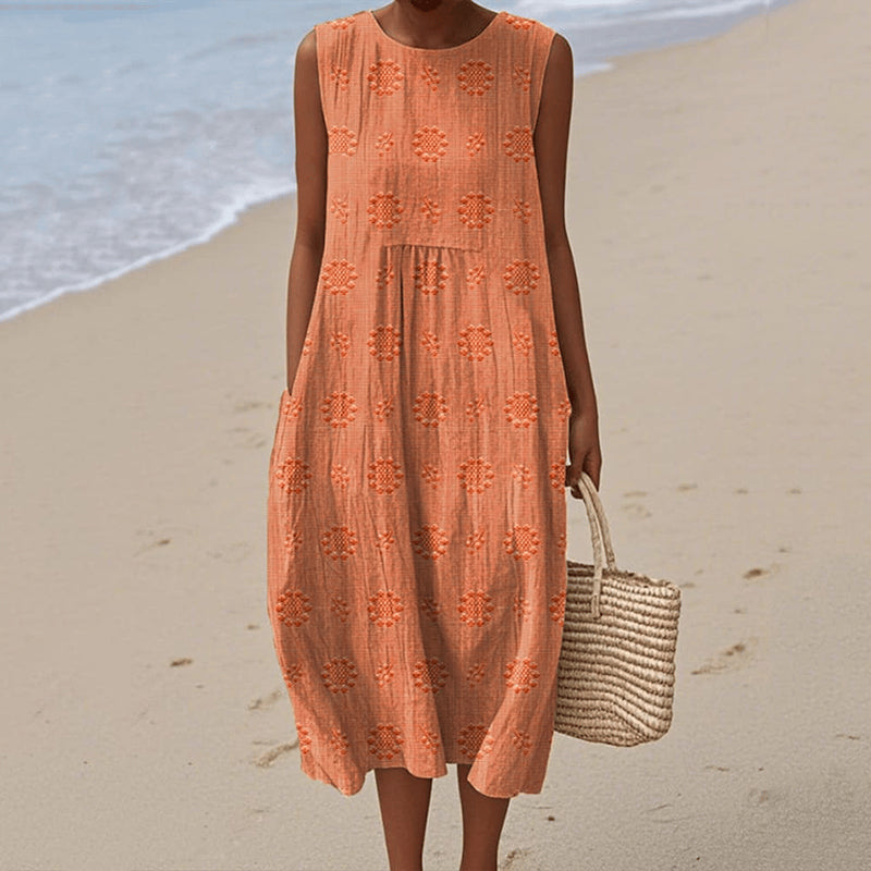 Robe midi sans manches femme – Coupe ample – Fibres naturelles – Imprimé floral – Poches