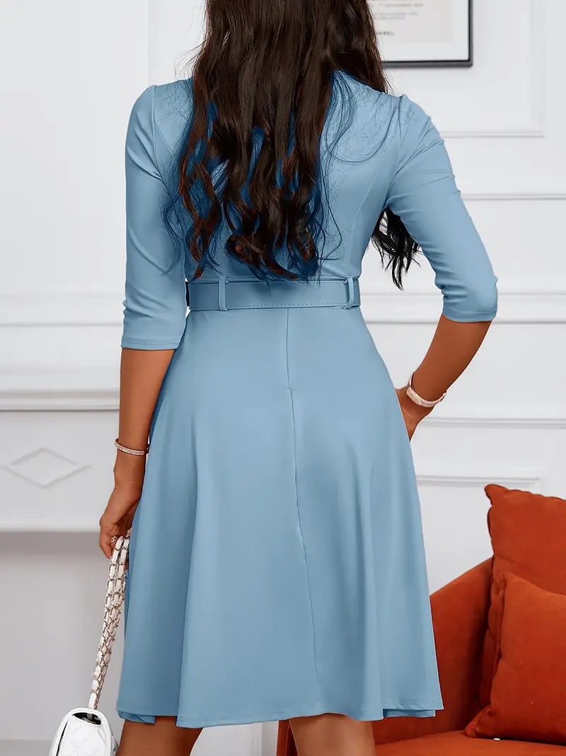 Robe Femme A-Ligne - Longueur Genou - Manches 3/4 - Col Rond avec Zip - Ceinture Ajustable
