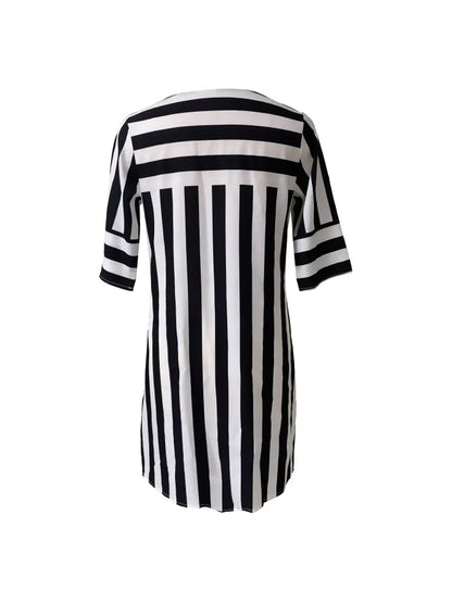 Robe Femme - Rayée - Coupe Droite Ample - Manches Mi-Longues - Col V Casual