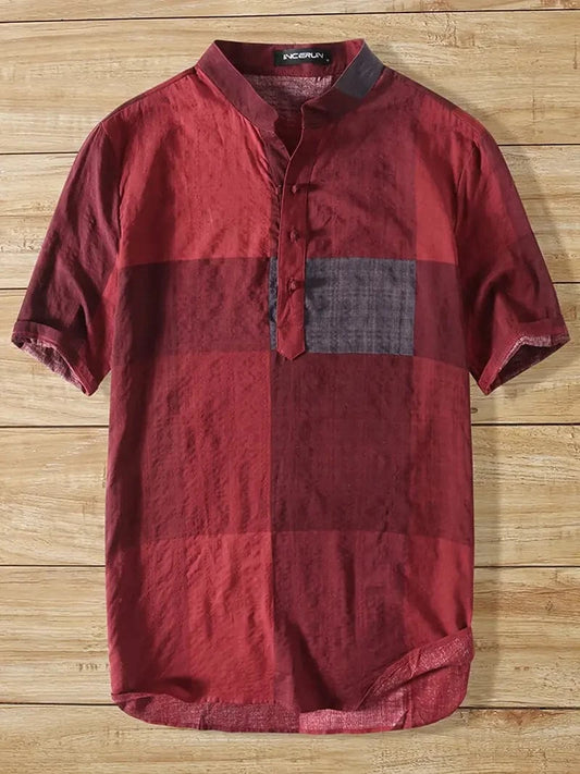 Chemise patchwork à col mandarin élégante et confortable pour hommes