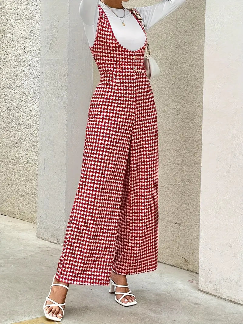 Combinaison Femme - Imprimé Pied-de-Poule - Sans Manches - Coupe Large Élégante