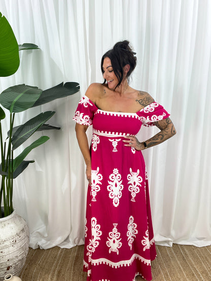 Robe Longue Femme - Épaules Dénudées - Manches Courtes Bouffantes - Fluide et Élégante