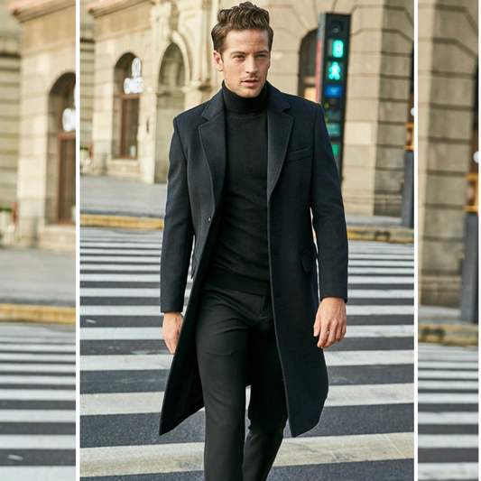 Manteau homme – Coupe ajustée – Tissu chaud structuré – Longueur genou – Col à revers