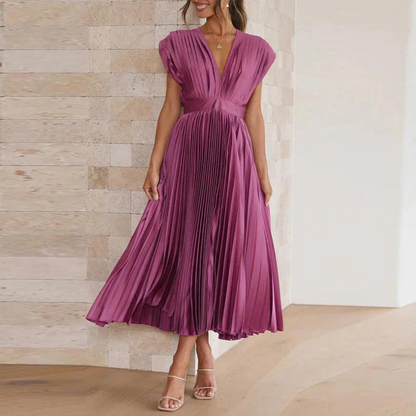 Robe midi femme – Coupe évasée – Tissu luxueux – Col en V – Plissée élégante