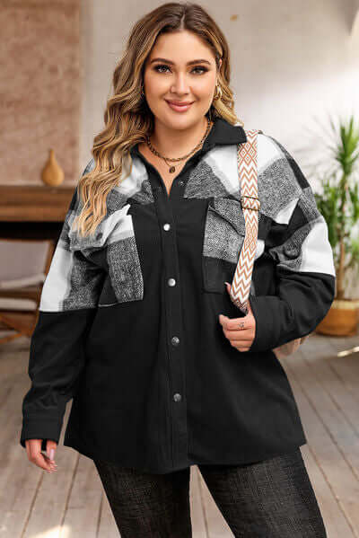 Veste surchemise femme – Coupe oversize – Motif à carreaux – Boutonnage frontal