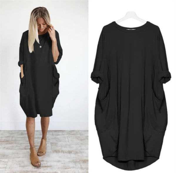 Robe midi femme – Coupe large – Tissu respirant – Col rond – Poches latérales