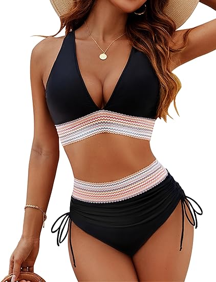 Bikini femme – Taille haute – Bretelles réglables – Contrôle du ventre – Détails noués