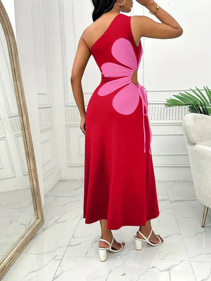 Robe Maxi Femme - Asymétrique Épaule Dénudée - Détail Fleur Découpé - Élégante et Fluide