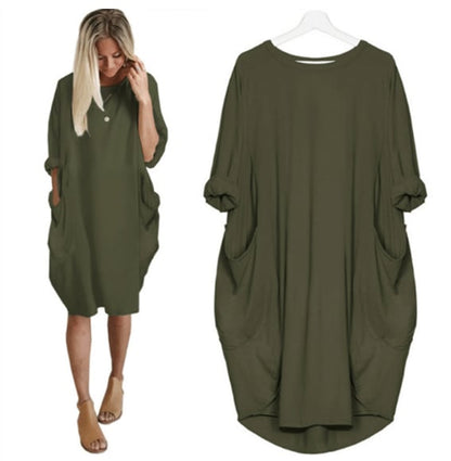 Robe midi femme – Coupe large – Tissu respirant – Col rond – Poches latérales
