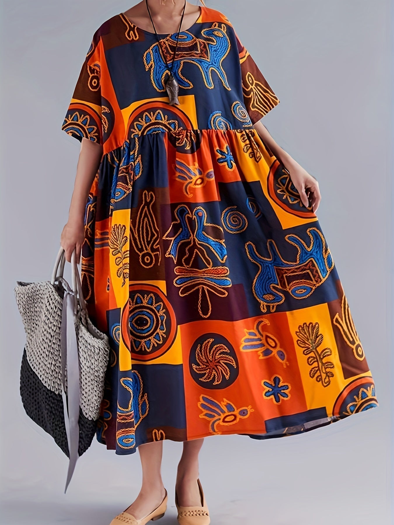 Robe Femme - Longue et Ample - Manches Courtes - Style Bohème Graphique