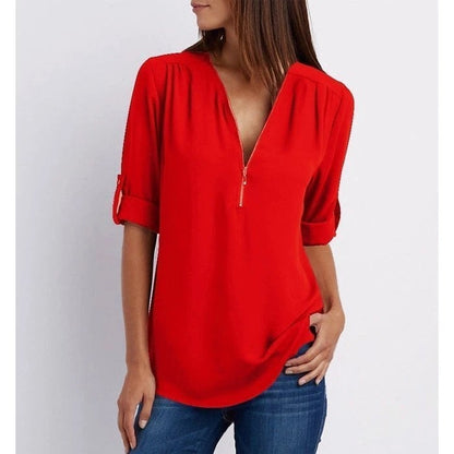 Blouse femme – Coupe ample – Tissu respirant – Demi-zip – Manches 3/4 retroussables