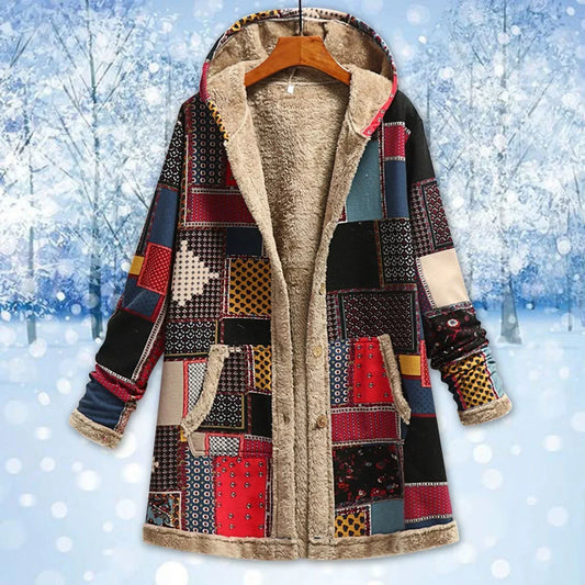 Veste longue femme – Coupe décontractée – Capuche – Design patchwork – Doublée chaude