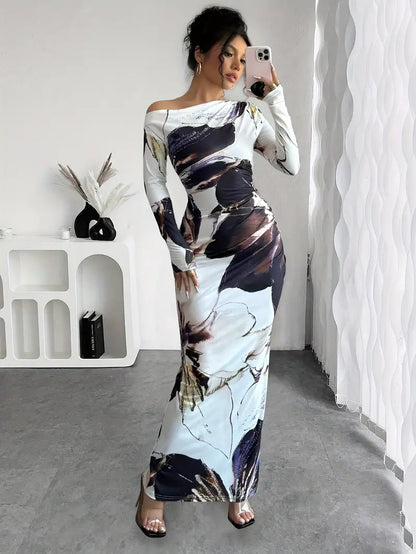 Robe Maxi Femme – Épaules Dénudées – Manches Longues – Coupe Ajustée – Imprimé Tendance