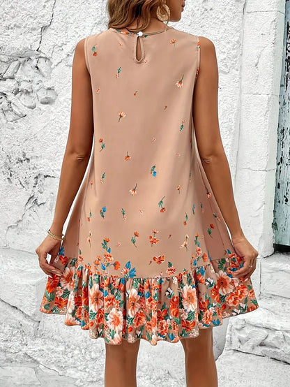 Robe Sans Manches Femme - Coupe Fluide - Imprimé Fleuri - Ourlet Volanté