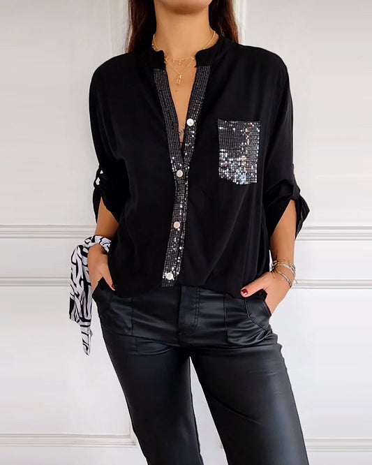Blouse femme – Coupe décontractée – Détails sequins – Manches longues – Tissu respirant