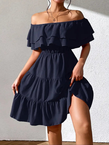 Robe Femme Épaules Dénudées - Volants Élégants - Taille Élastique - Coupe Évasée