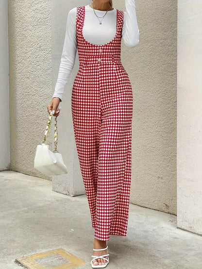 Combinaison Femme - Imprimé Pied-de-Poule - Sans Manches - Coupe Large Élégante