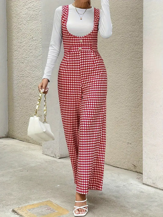 Combinaison Femme - Imprimé Pied-de-Poule - Sans Manches - Coupe Large Élégante